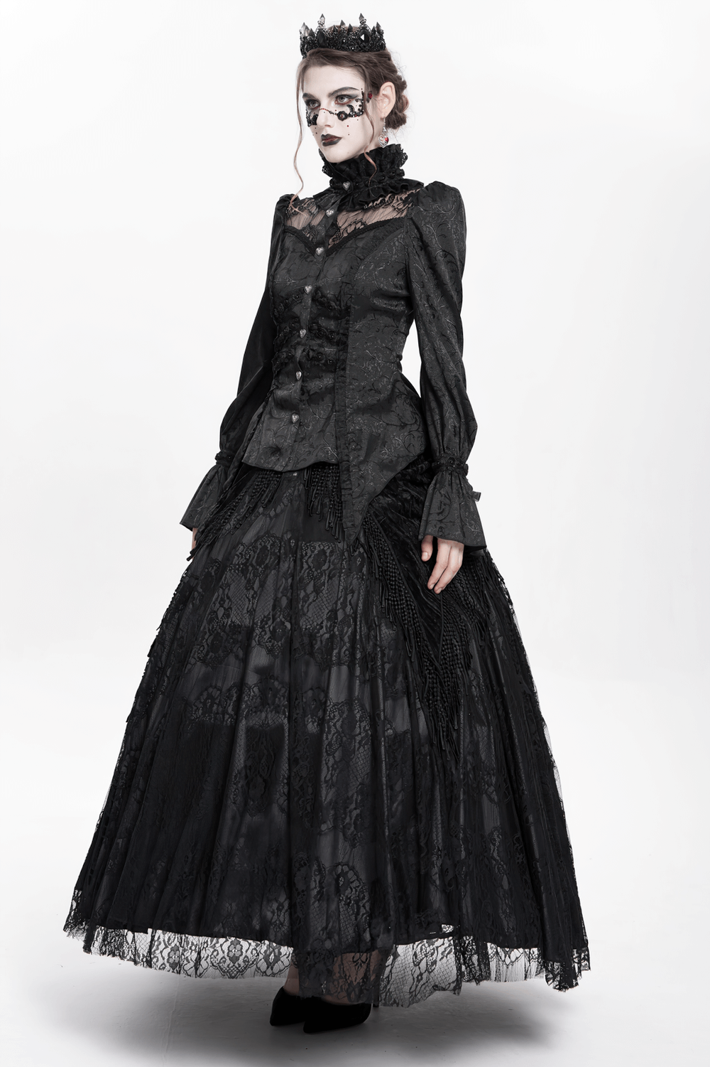Gothic Lace High Neck Blouse with Heart Buttons