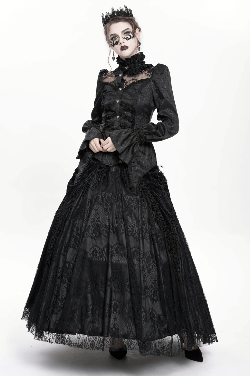 Gothic Lace High Neck Blouse with Heart Buttons
