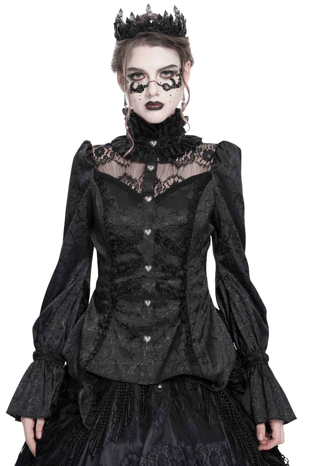Gothic Lace High Neck Blouse with Heart Buttons