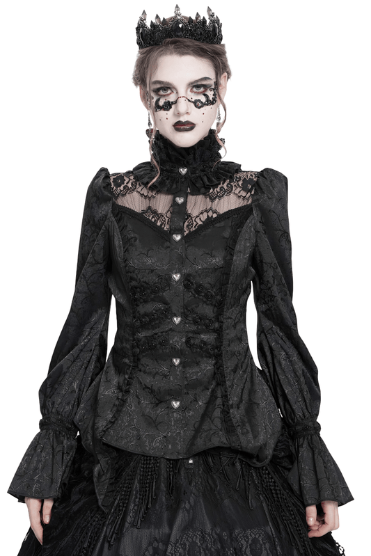 Gothic Lace High Neck Blouse with Heart Buttons