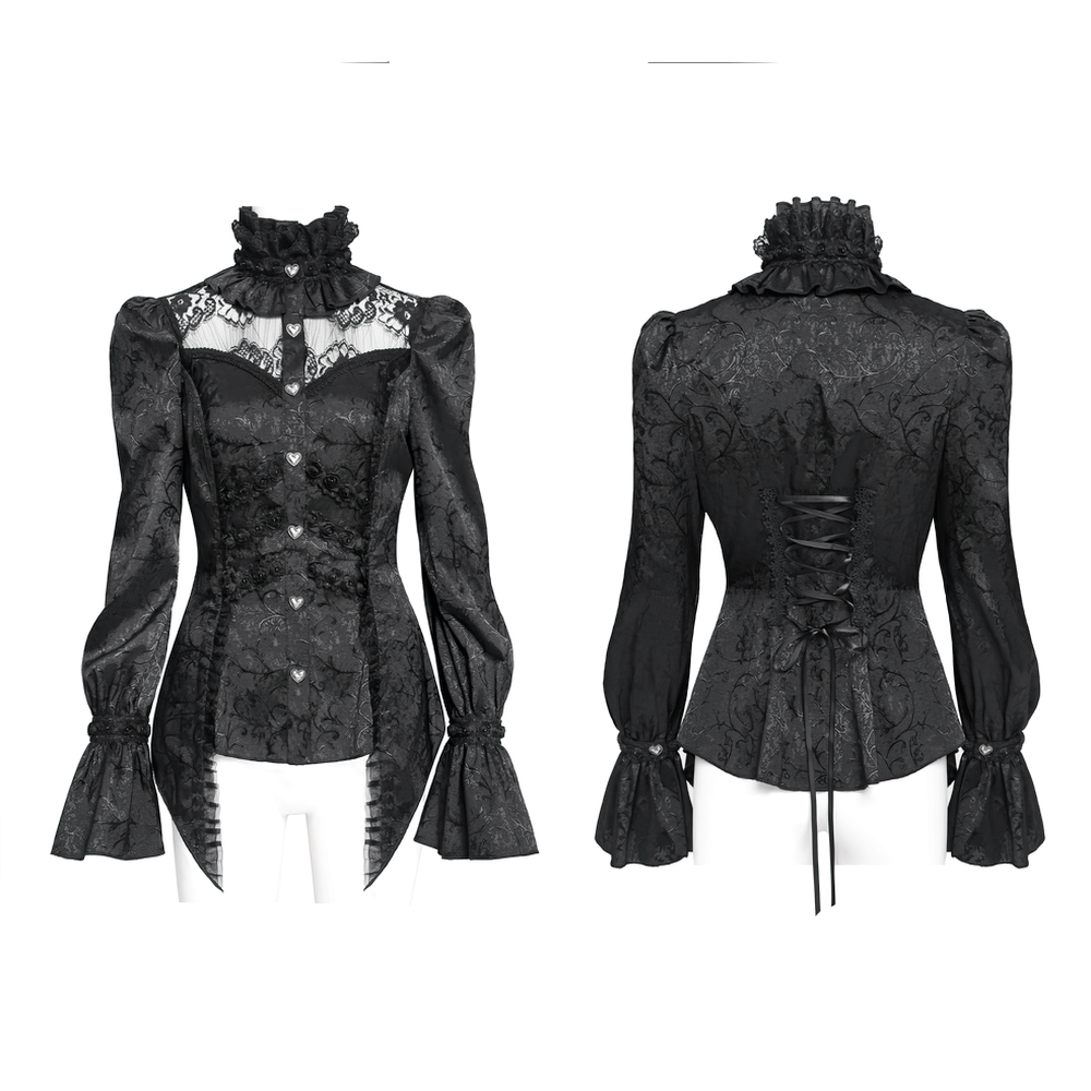 Gothic Lace High Neck Blouse with Heart Buttons