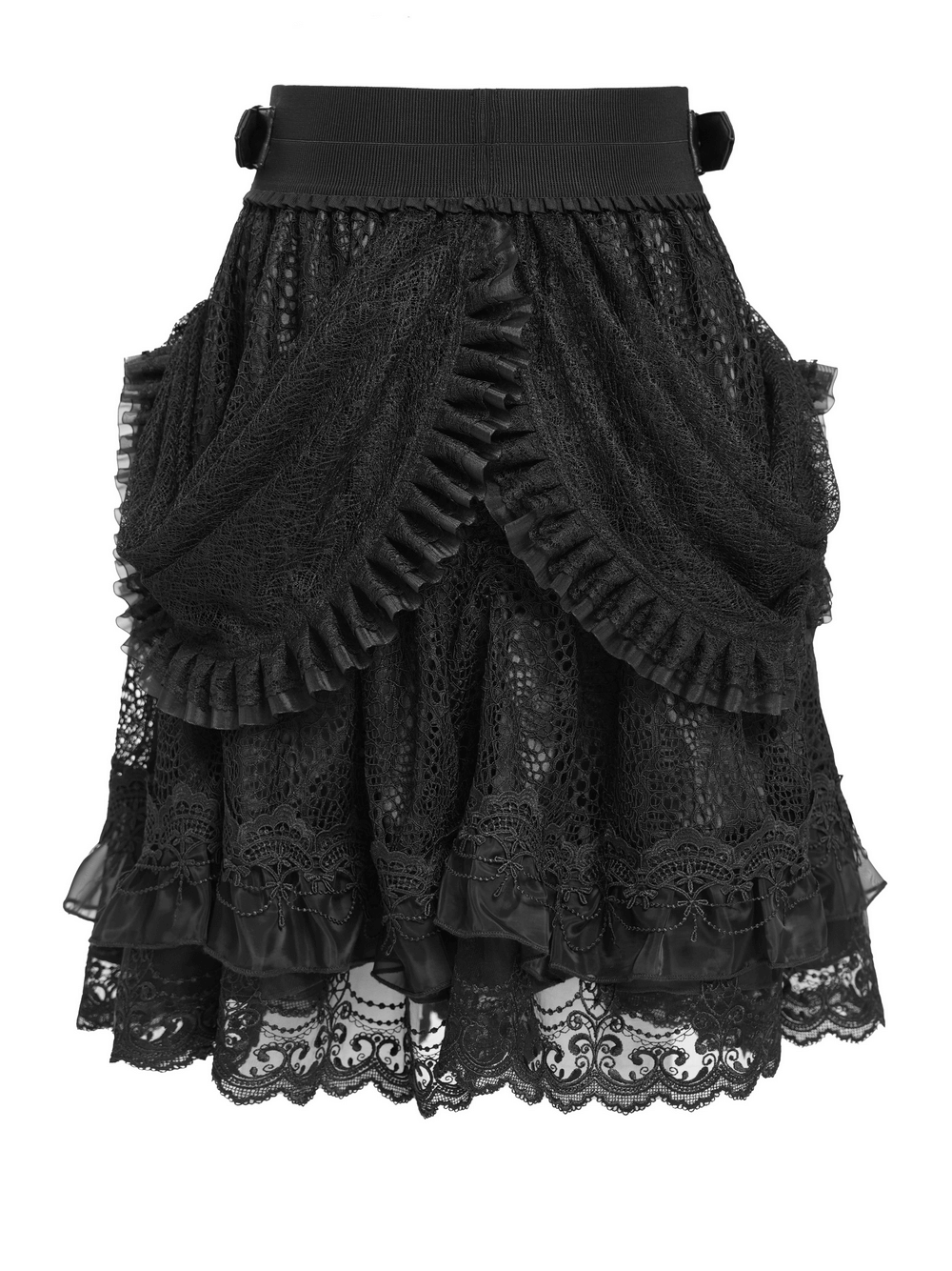 Gothic Lace Layered Skirt with Belts and Ruffled Drapes