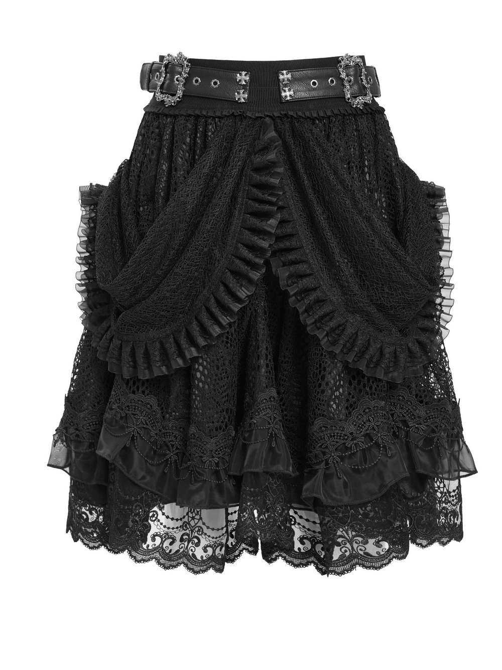 Gothic Lace Layered Skirt with Belts and Ruffled Drapes
