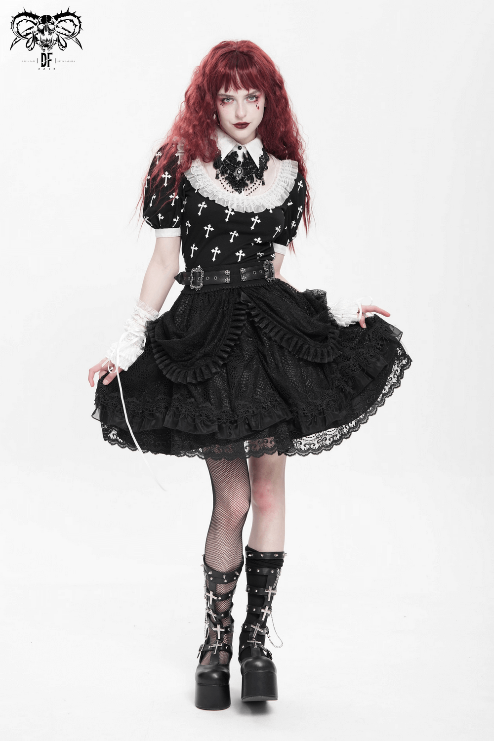 Gothic Lace Layered Skirt with Belts and Ruffled Drapes