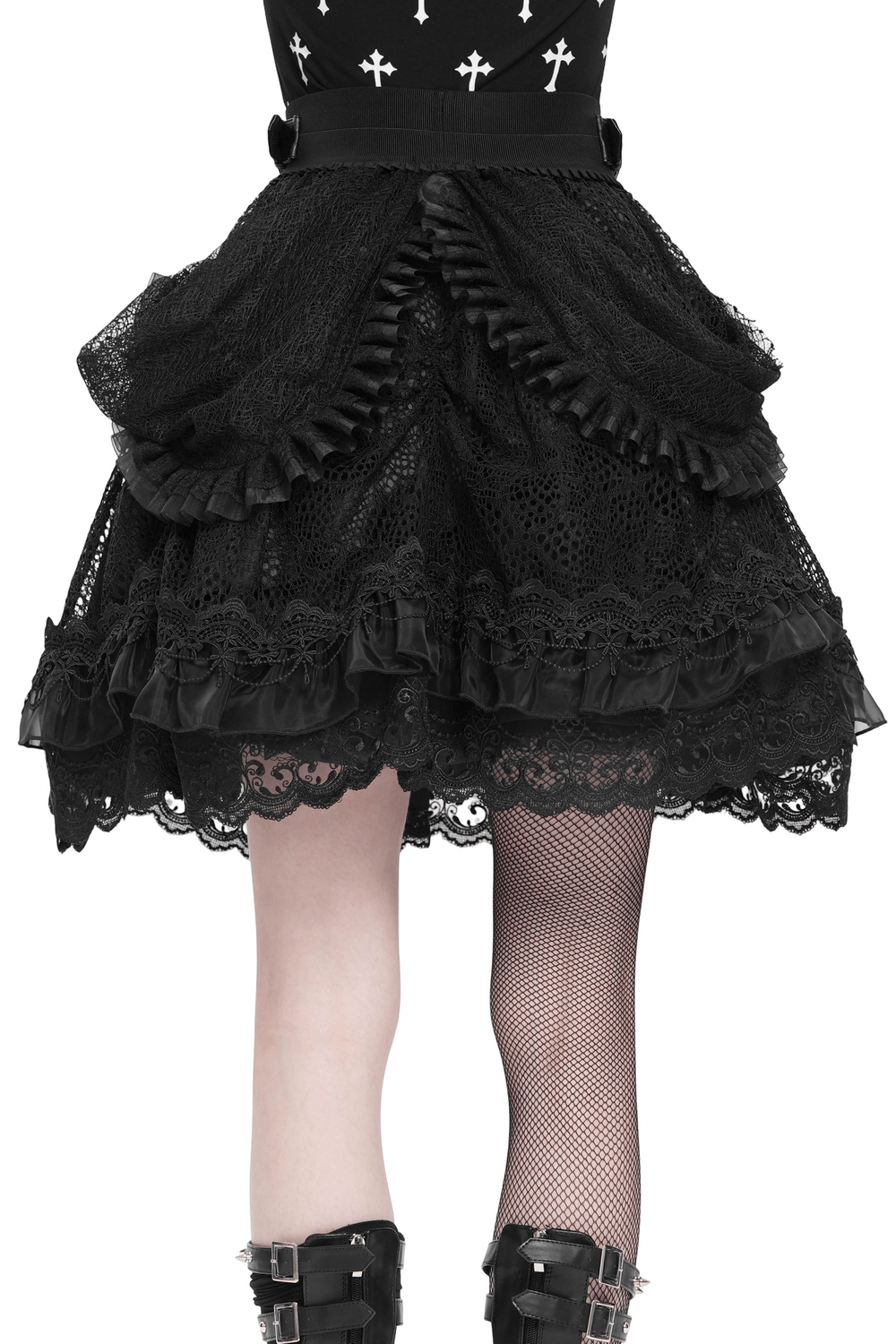 Gothic Lace Layered Skirt with Belts and Ruffled Drapes