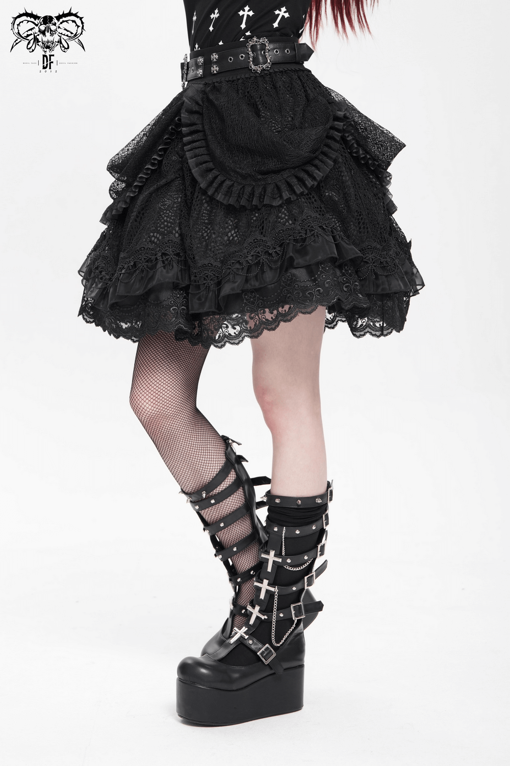 Gothic Lace Layered Skirt with Belts and Ruffled Drapes