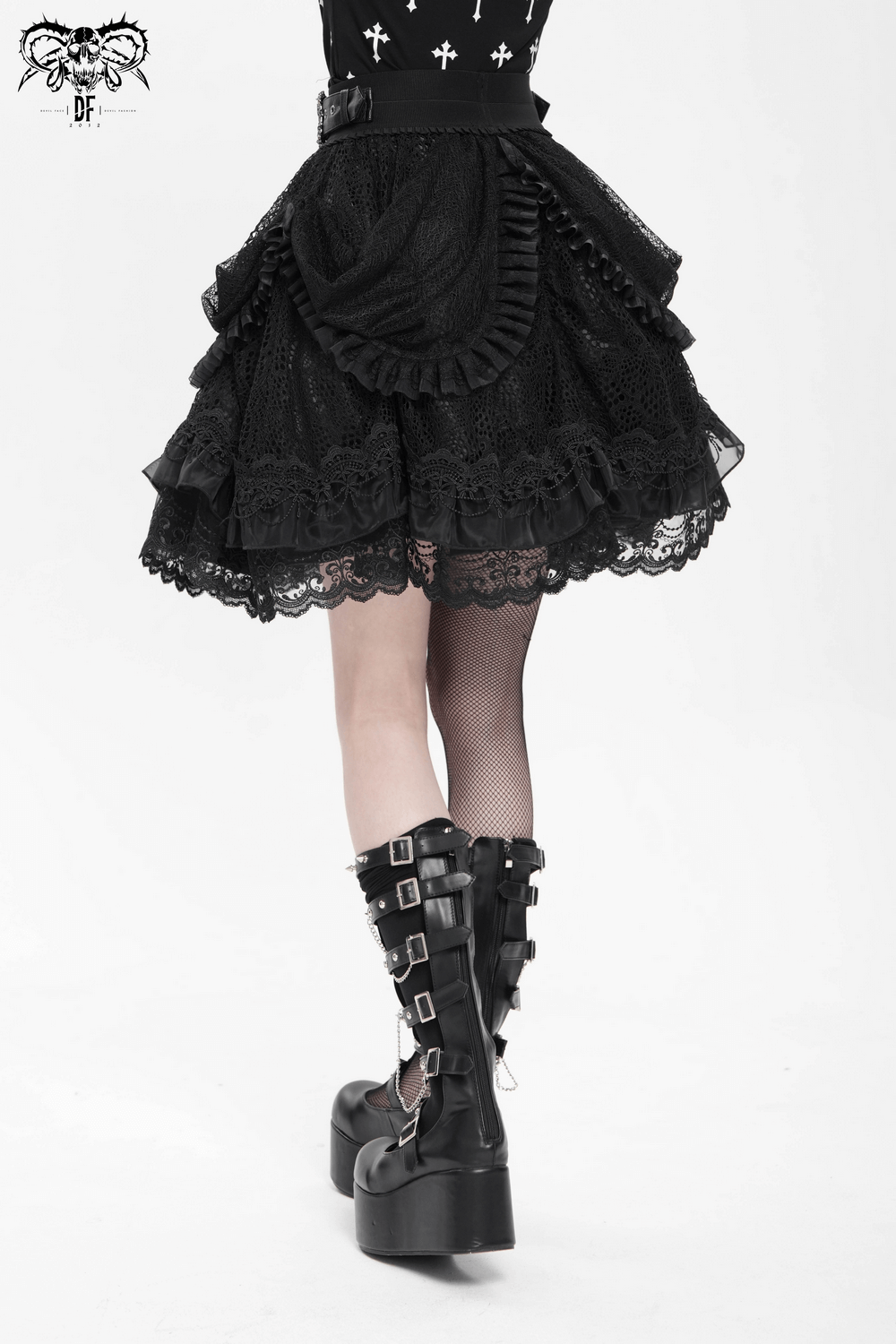 Gothic Lace Layered Skirt with Belts and Ruffled Drapes