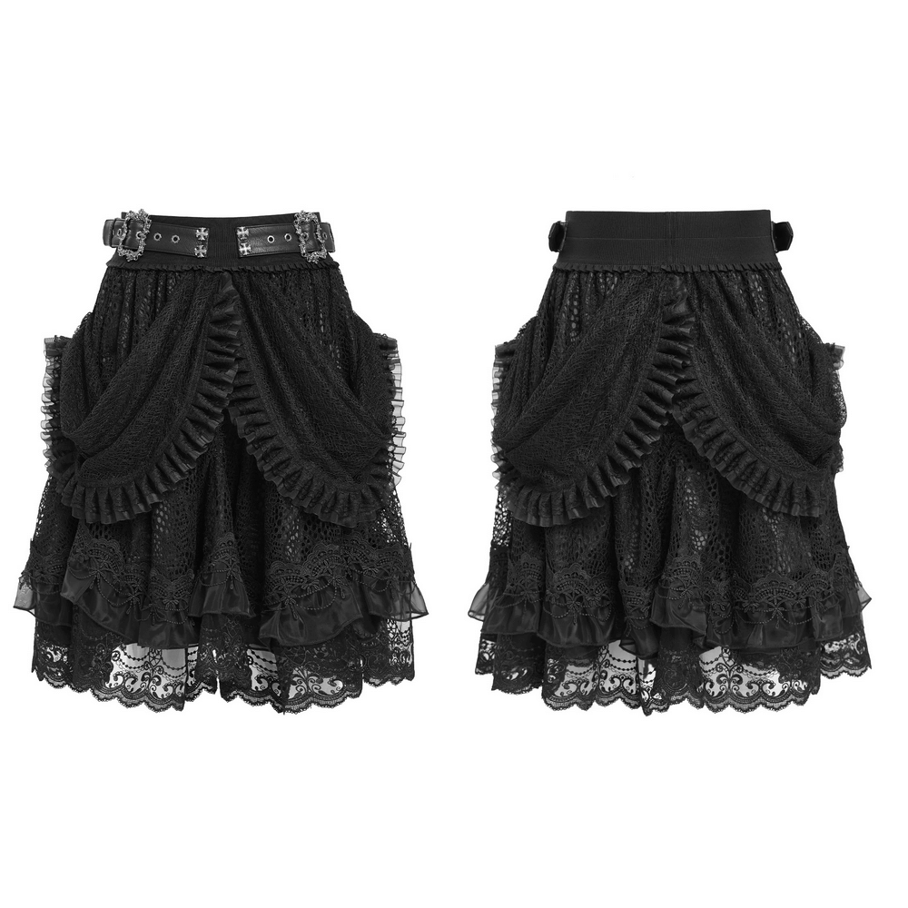 Gothic Lace Layered Skirt with Belts and Ruffled Drapes