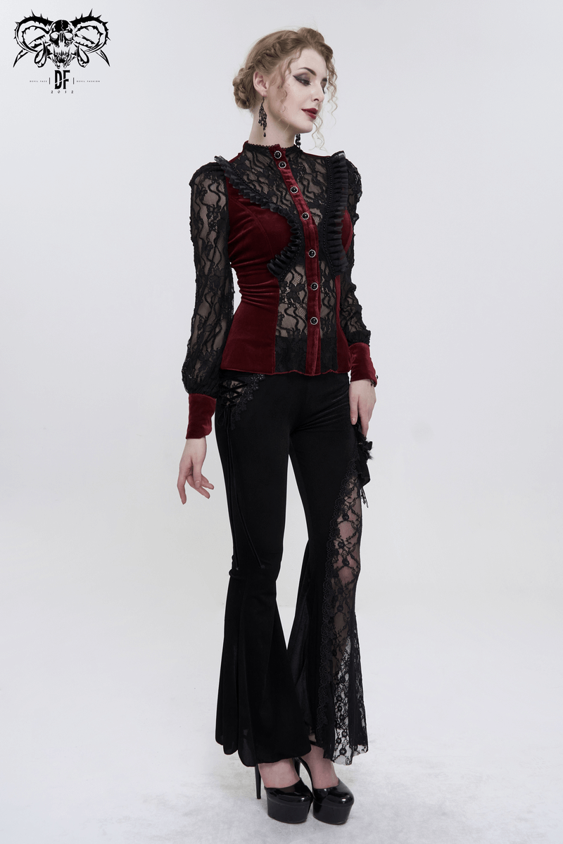 Gothic Lace Long Puff Sleeves Shirt / Elegant Wine Red Velvet Blouse with Stand Collar for Women