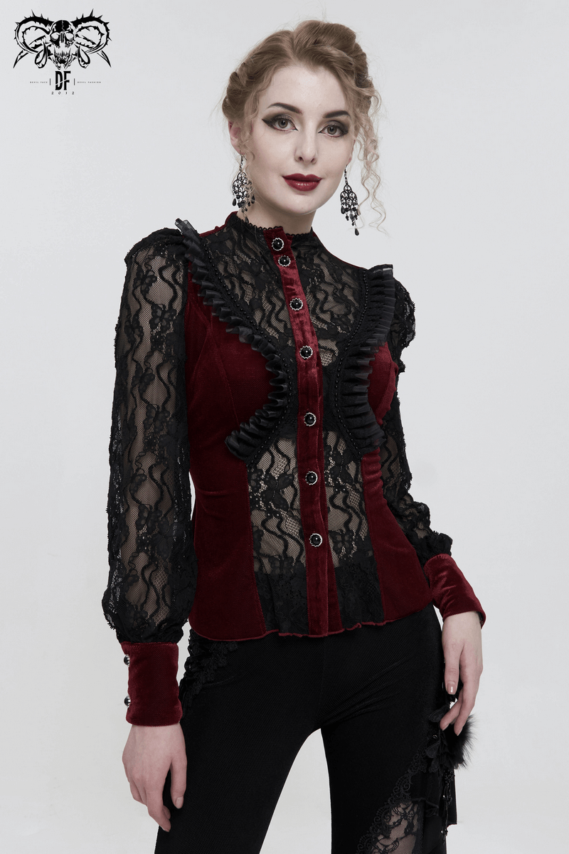 Gothic Lace Long Puff Sleeves Shirt / Elegant Wine Red Velvet Blouse with Stand Collar for Women