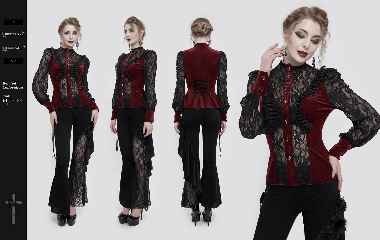 Gothic Lace Long Puff Sleeves Shirt / Elegant Wine Red Velvet Blouse with Stand Collar for Women