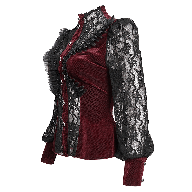 Gothic Lace Long Puff Sleeves Shirt / Elegant Wine Red Velvet Blouse with Stand Collar for Women