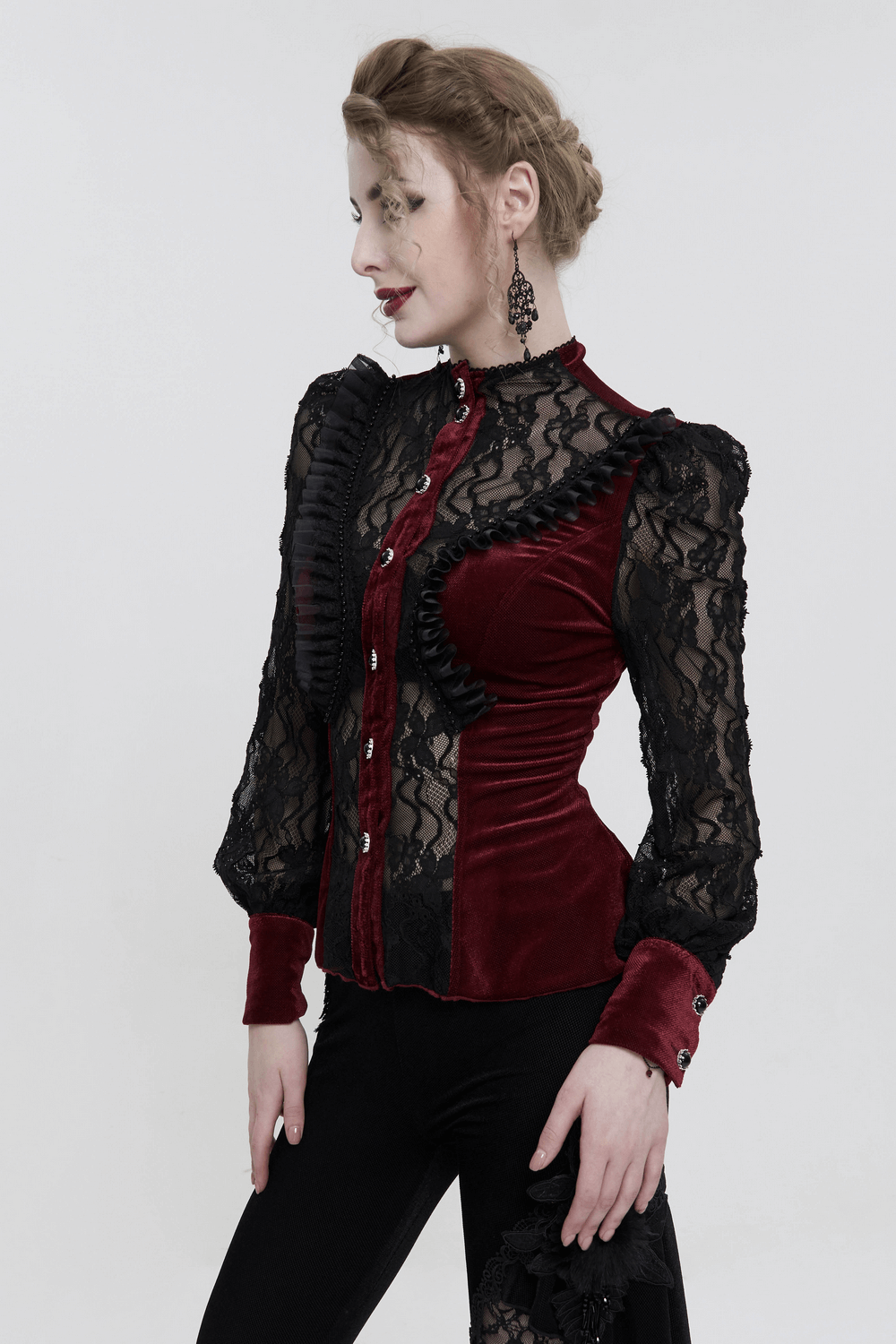 Gothic Lace Long Puff Sleeves Shirt / Elegant Wine Red Velvet Blouse with Stand Collar for Women