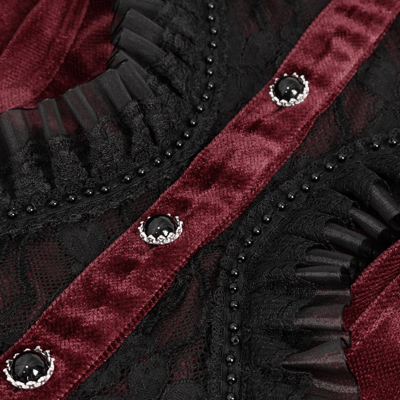 Gothic Lace Long Puff Sleeves Shirt / Elegant Wine Red Velvet Blouse with Stand Collar for Women