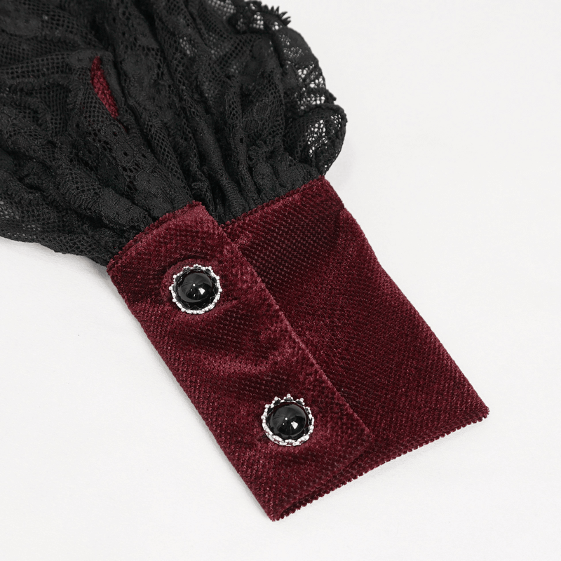 Gothic Lace Long Puff Sleeves Shirt / Elegant Wine Red Velvet Blouse with Stand Collar for Women