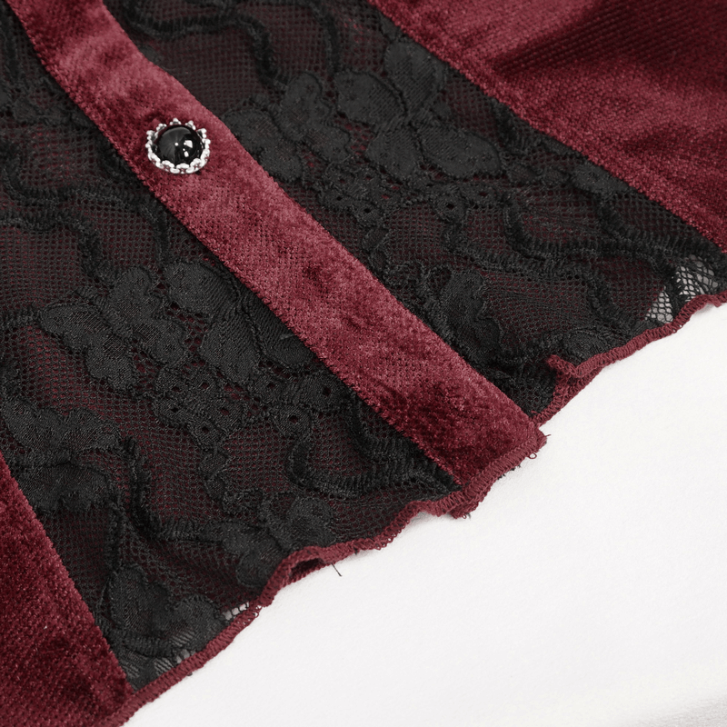 Gothic Lace Long Puff Sleeves Shirt / Elegant Wine Red Velvet Blouse with Stand Collar for Women