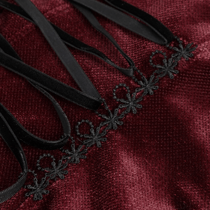 Gothic Lace Long Puff Sleeves Shirt / Elegant Wine Red Velvet Blouse with Stand Collar for Women