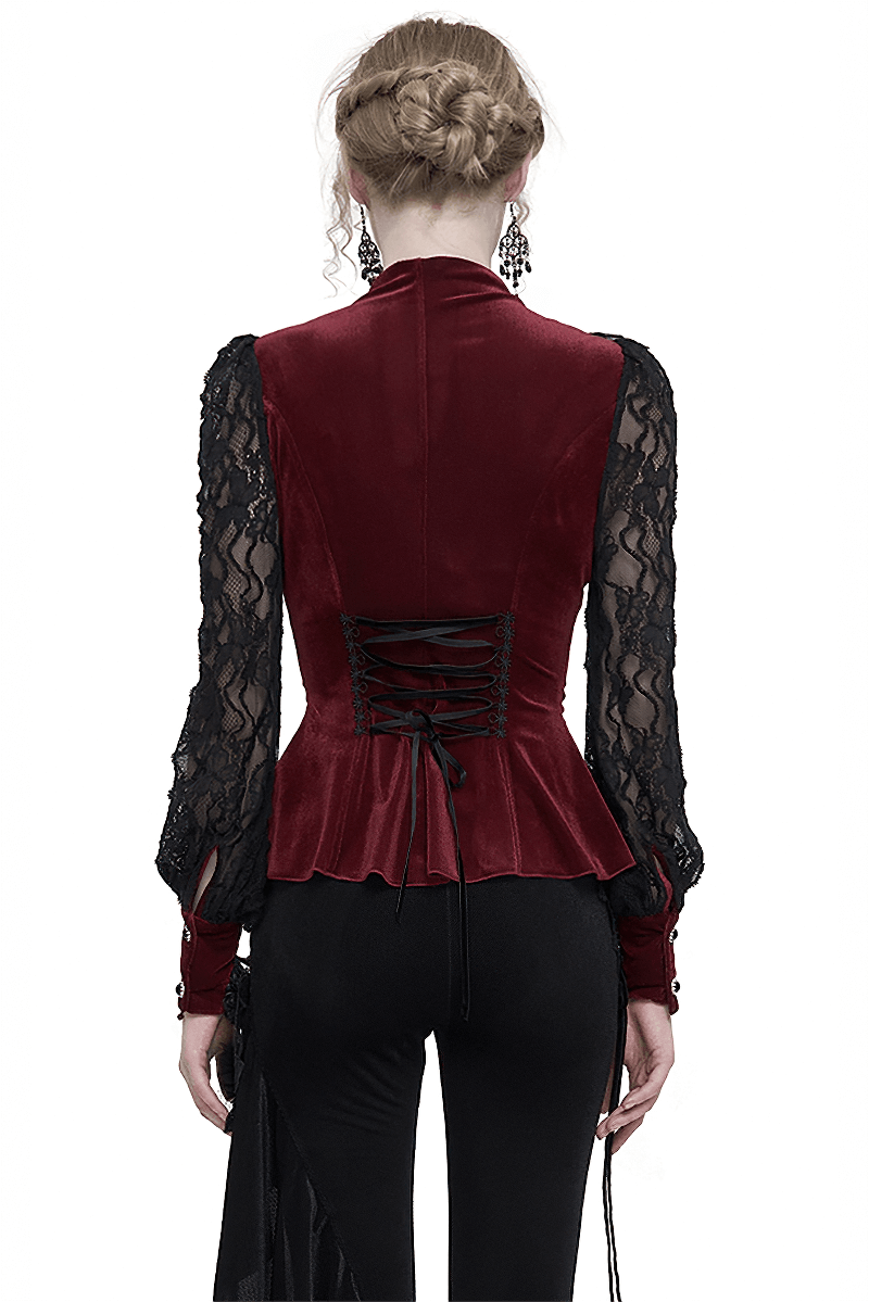 Gothic Lace Long Puff Sleeves Shirt / Elegant Wine Red Velvet Blouse with Stand Collar for Women