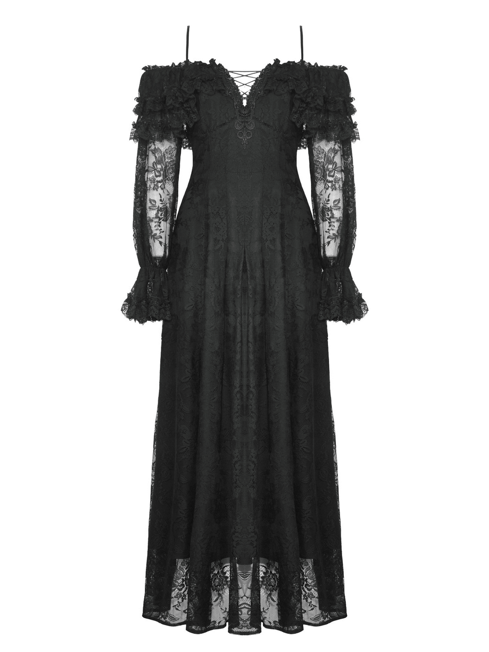 Gothic Lace Off-Shoulder Dress with Corset Back and Ruffles