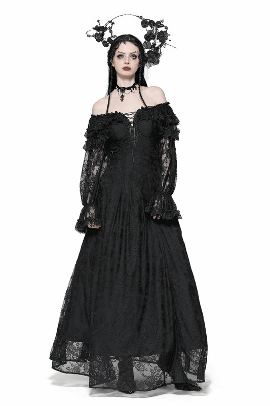 Gothic Lace Off-Shoulder Dress with Corset Back and Ruffles