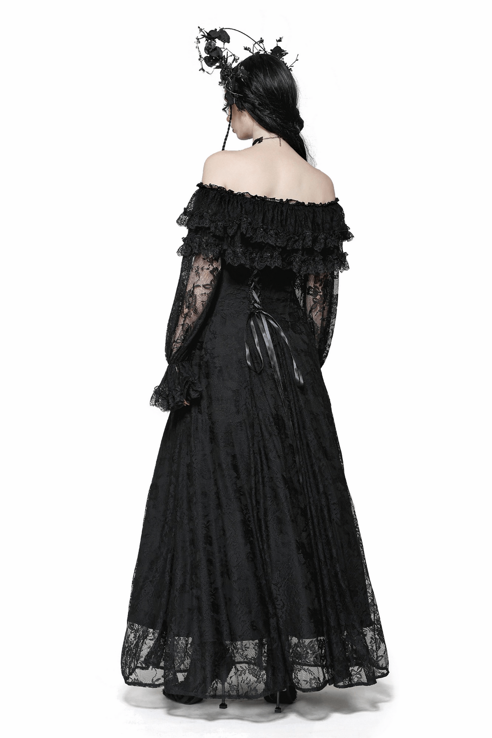Gothic Lace Off-Shoulder Dress with Corset Back and Ruffles