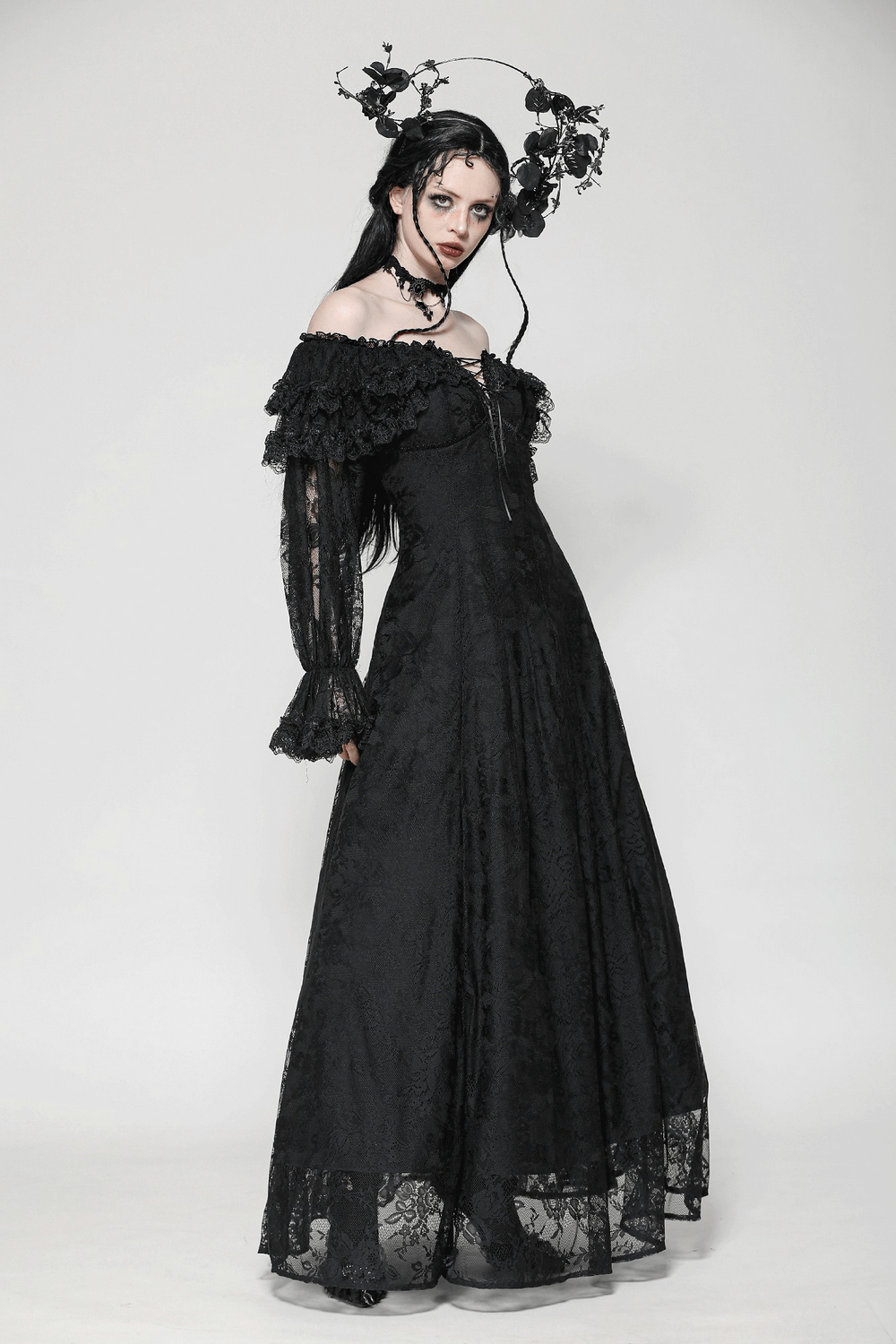 Gothic Lace Off-Shoulder Dress with Corset Back and Ruffles