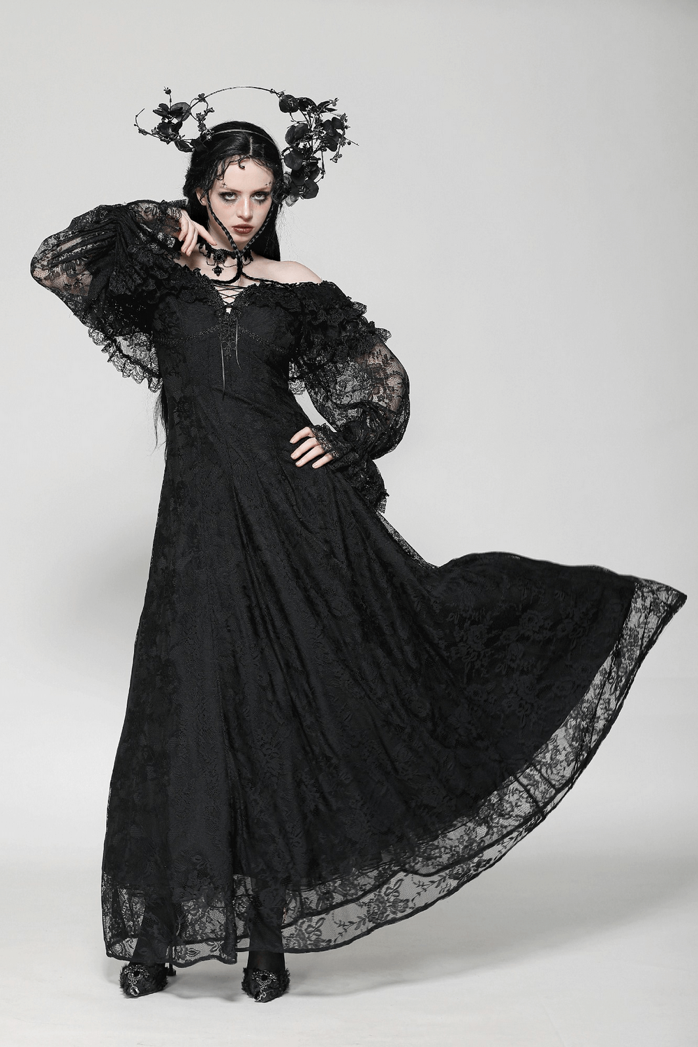 Gothic Lace Off-Shoulder Dress with Corset Back and Ruffles