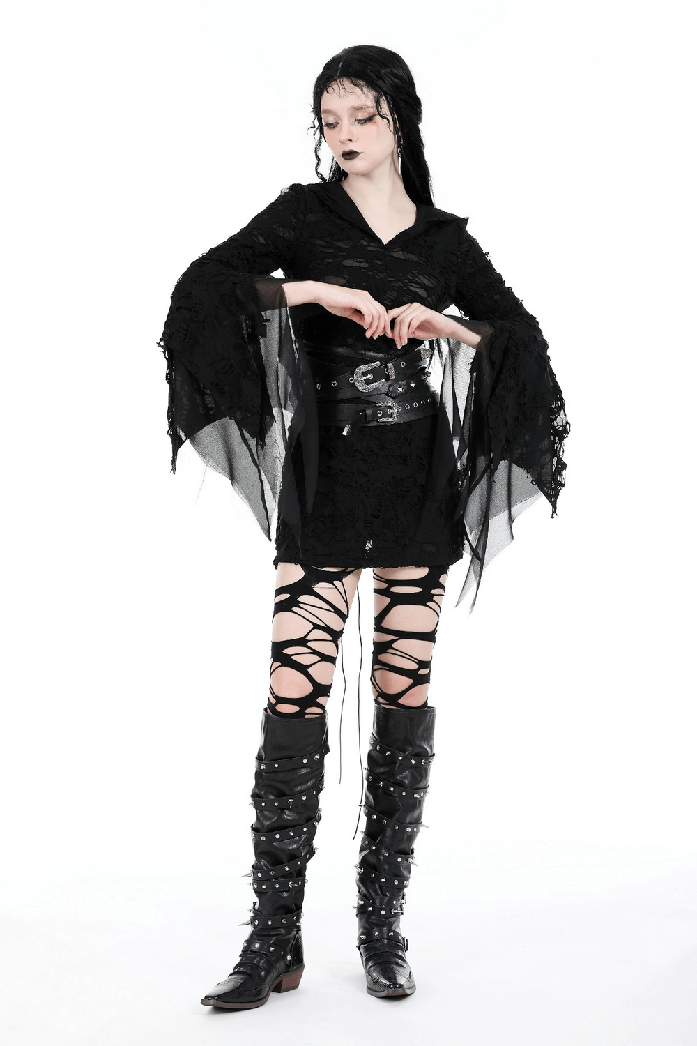 Gothic Lace Ripped Hoodie with Flowing Sleeves