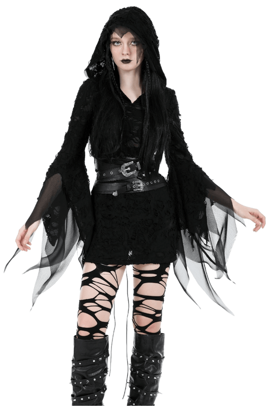 Gothic Lace Ripped Hoodie with Flowing Sleeves