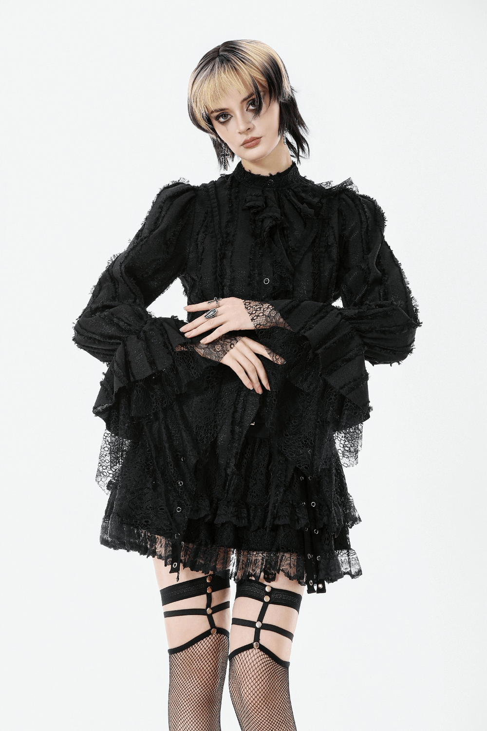 Gothic Lace Ruffle Long Sleeve Shirt with Button Closure