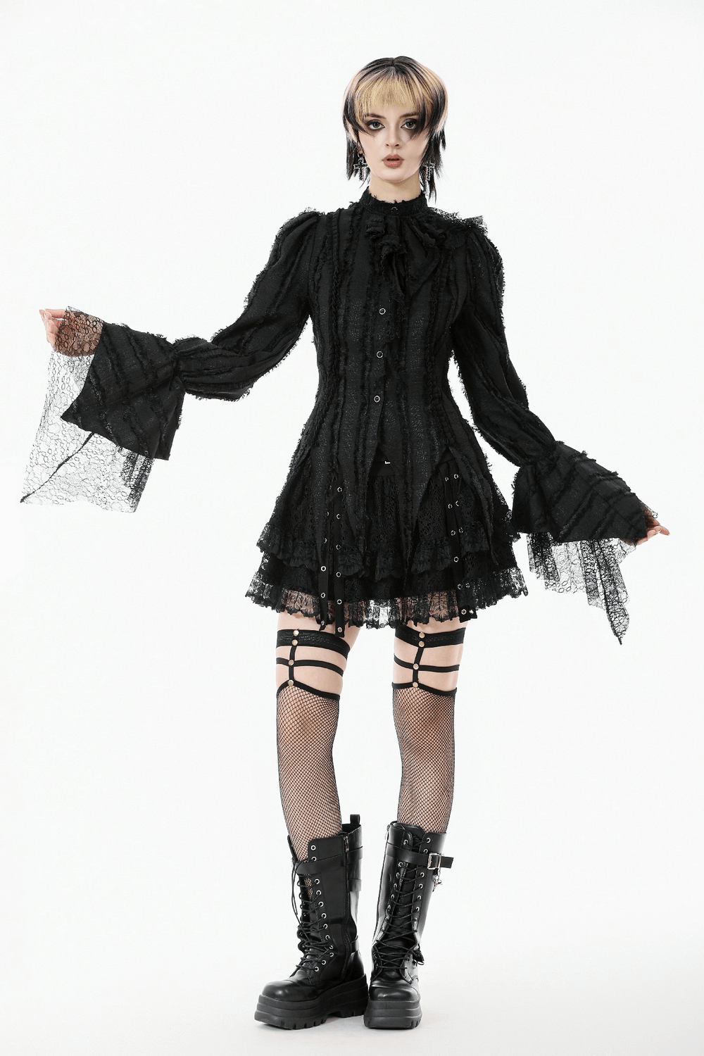 Gothic Lace Ruffle Long Sleeve Shirt with Button Closure