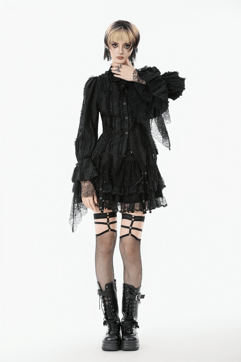 Gothic Lace Ruffle Long Sleeve Shirt with Button Closure