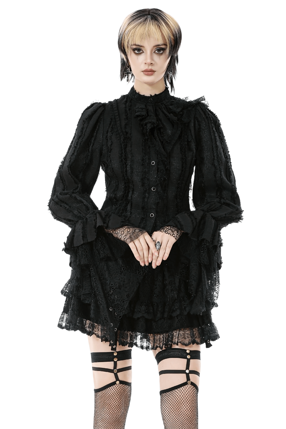 Gothic Lace Ruffle Long Sleeve Shirt with Button Closure