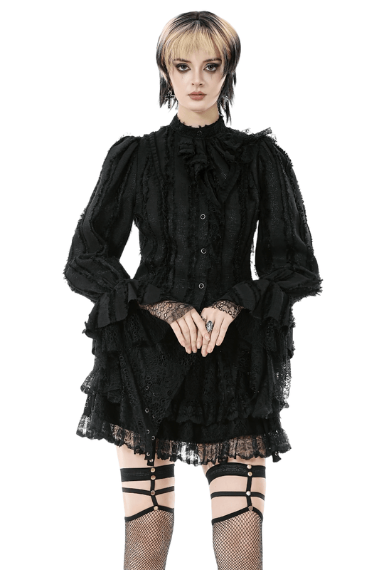 Gothic Lace Ruffle Long Sleeve Shirt with Button Closure