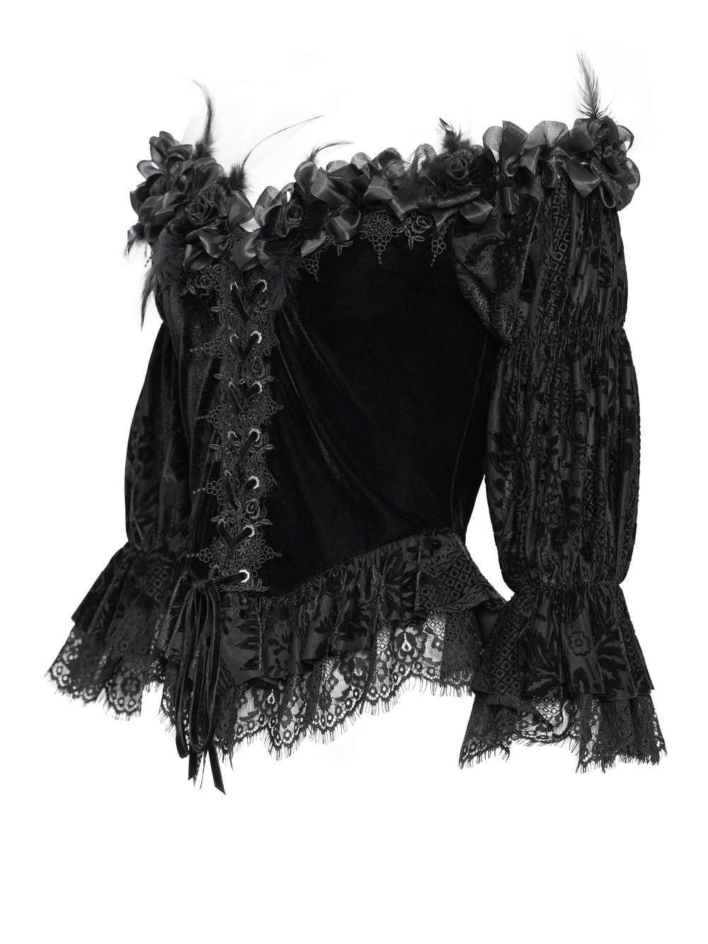 Gothic Lace-Trimmed Off-Shoulder Velvet Blouse with Roses
