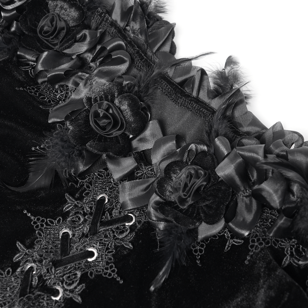 Gothic Lace-Trimmed Off-Shoulder Velvet Blouse with Roses