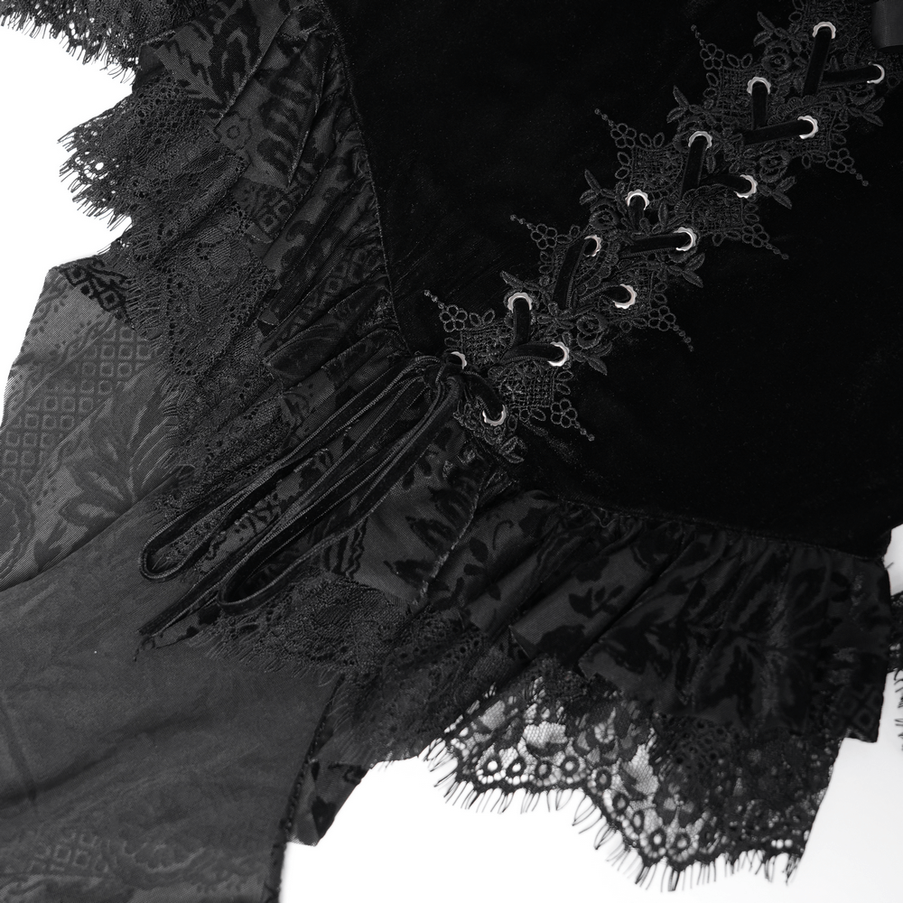 Gothic Lace-Trimmed Off-Shoulder Velvet Blouse with Roses