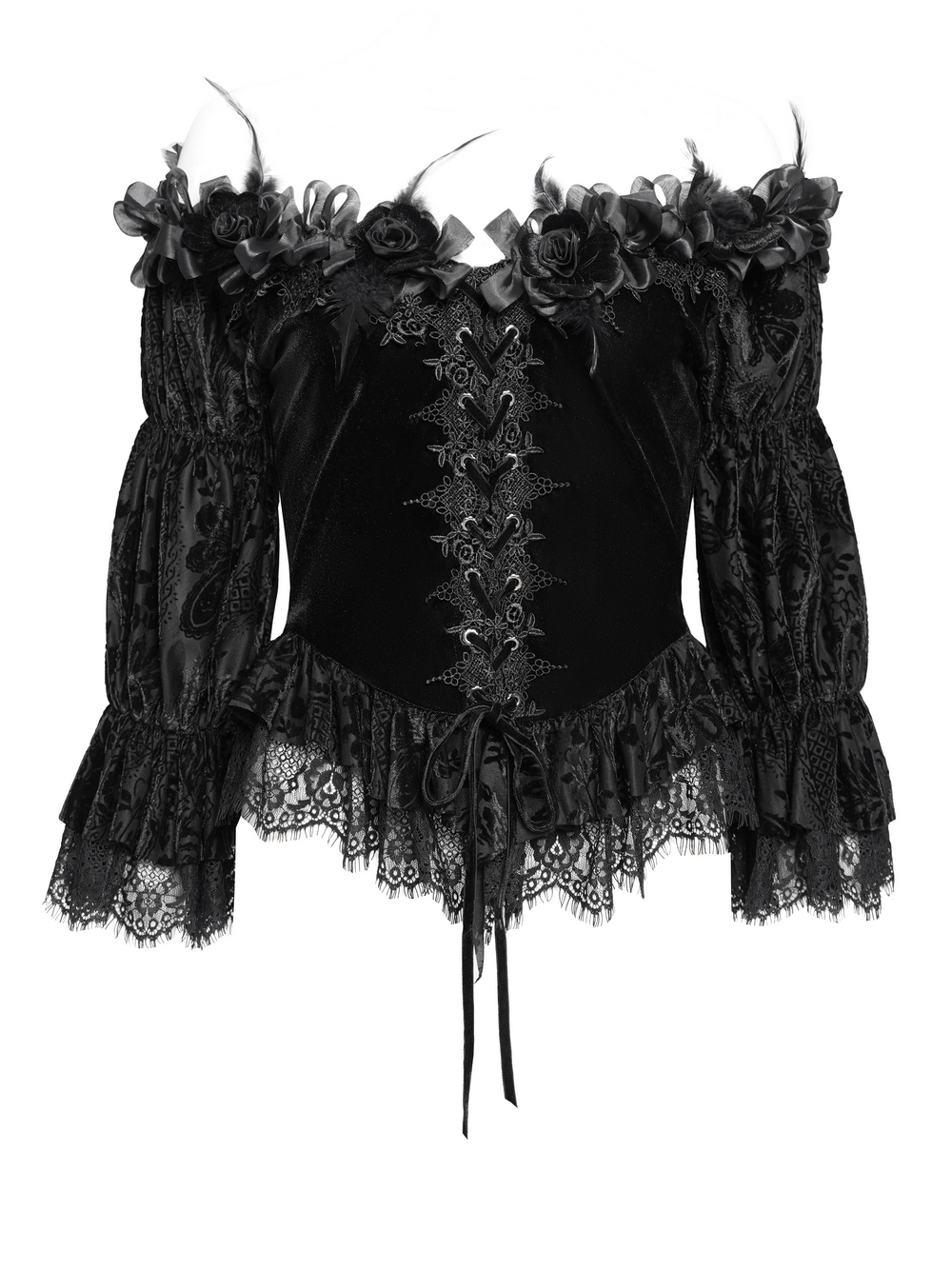 Gothic Lace-Trimmed Off-Shoulder Velvet Blouse with Roses