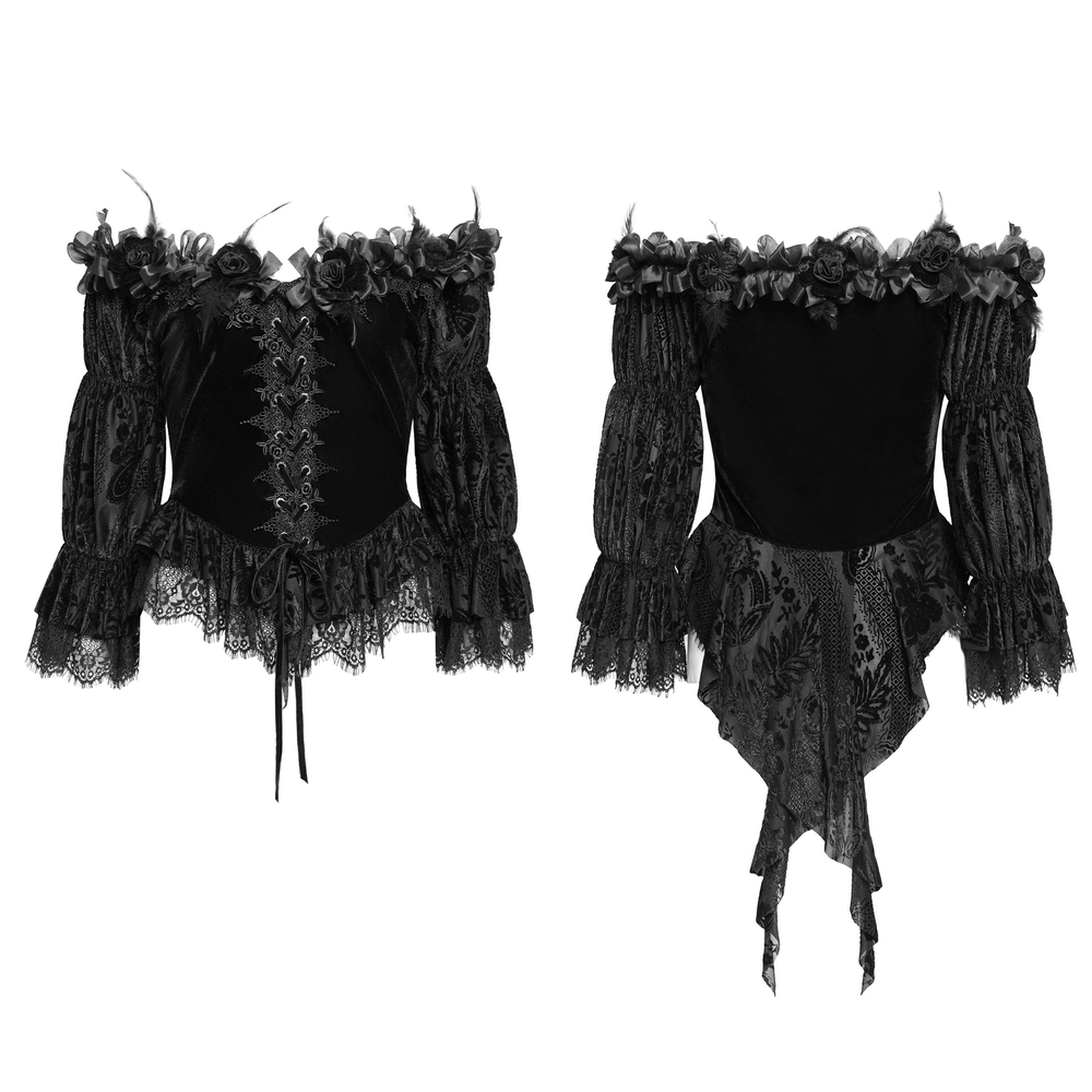 Gothic Lace-Trimmed Off-Shoulder Velvet Blouse with Roses