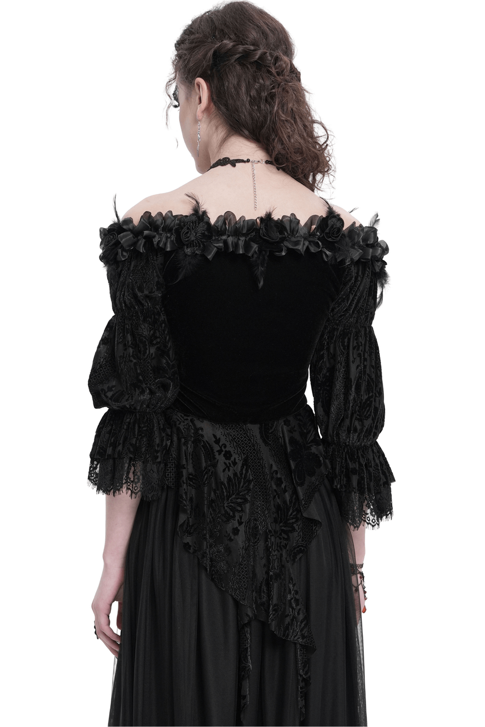 Gothic Lace-Trimmed Off-Shoulder Velvet Blouse with Roses