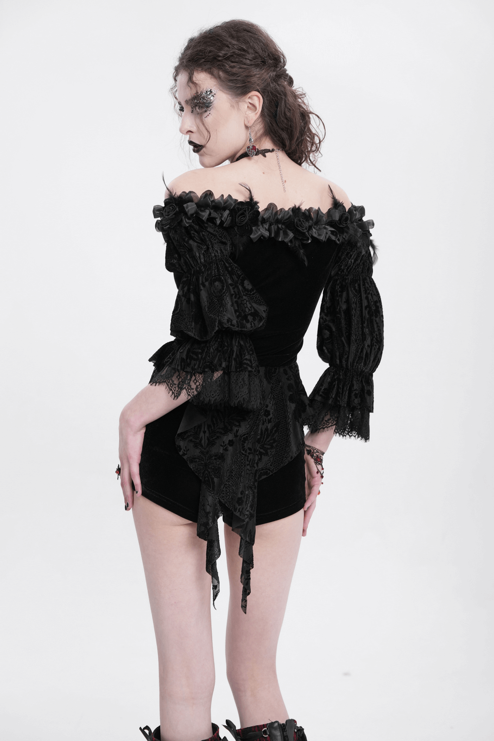 Gothic Lace-Trimmed Off-Shoulder Velvet Blouse with Roses