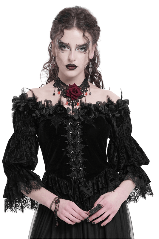 Gothic Lace-Trimmed Off-Shoulder Velvet Blouse with Roses