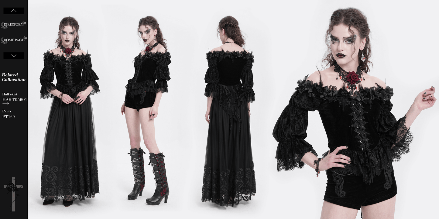 Gothic Lace-Trimmed Off-Shoulder Velvet Blouse with Roses