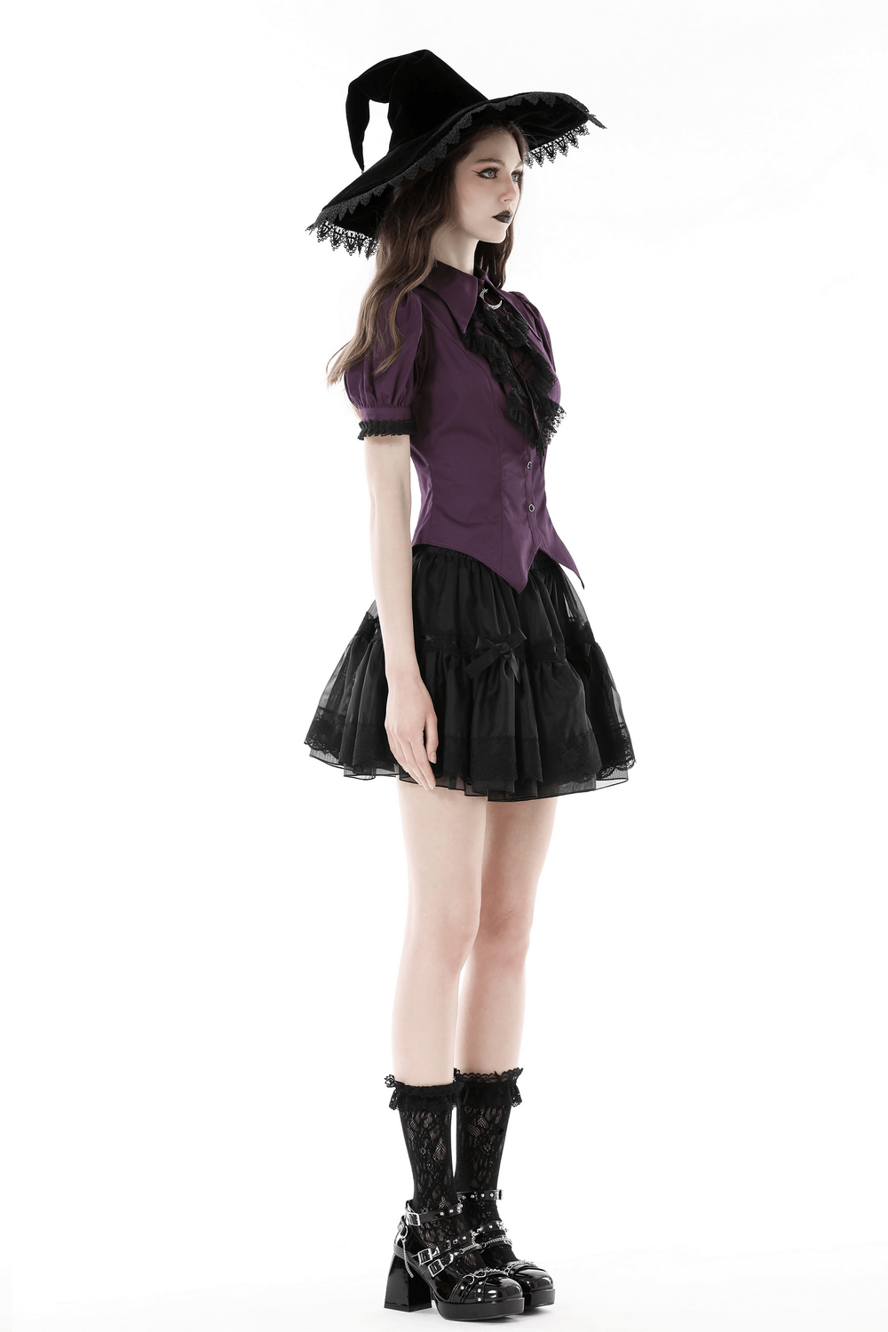 Gothic Lace-Trimmed Puff Sleeves Blouse with Victorian Ruffles