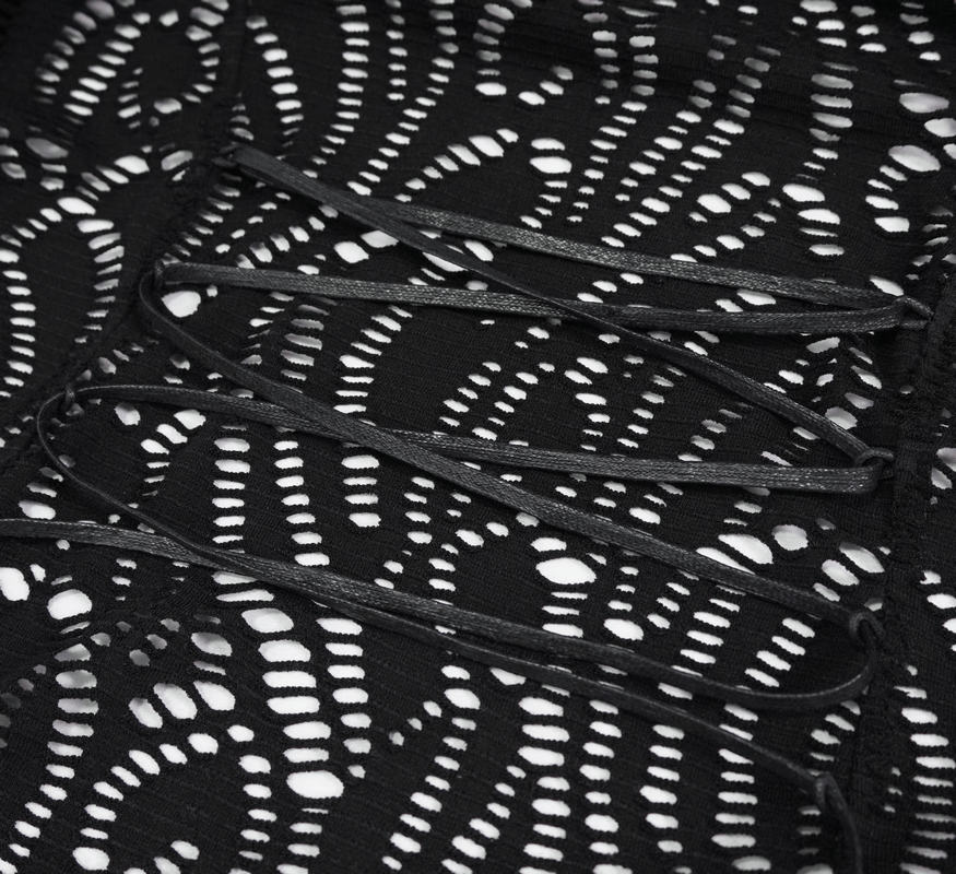 Gothic Lace-up Black Crochet Coat with Hood / Long Trench Coat For Men