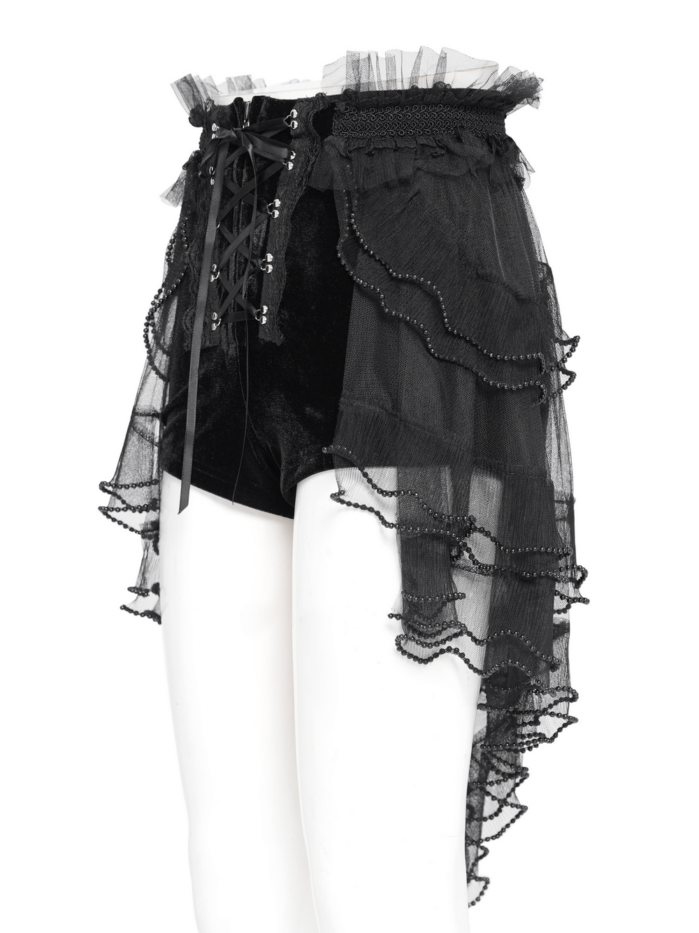 Gothic Lace Up Black Ruffled Shorts with Tie Detail