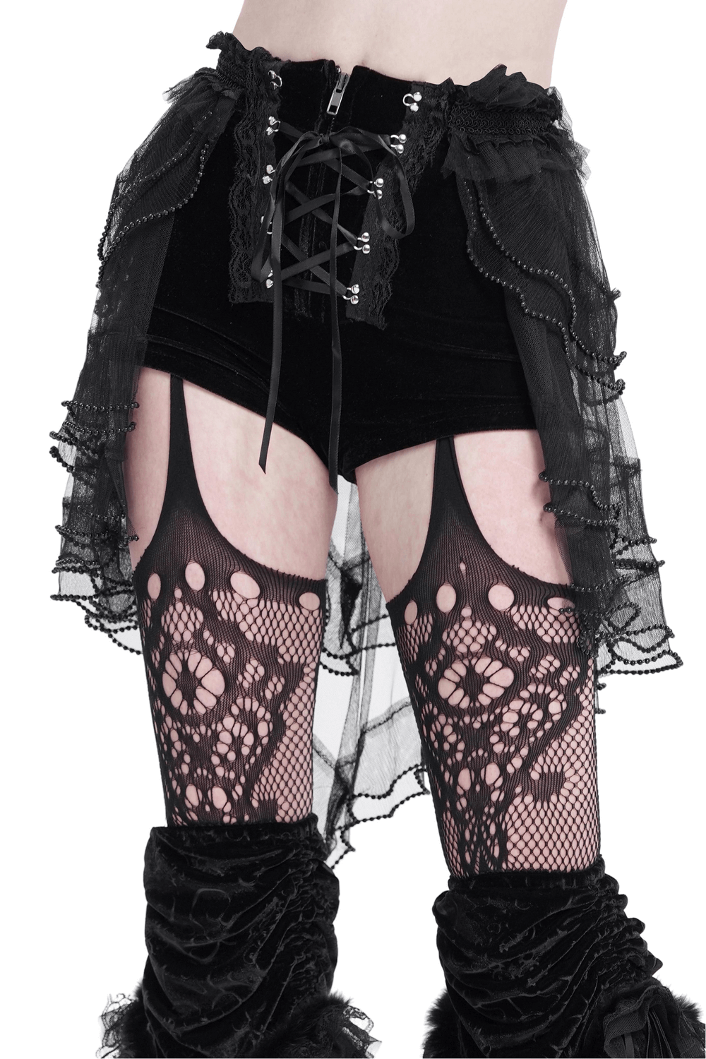 Gothic Lace Up Black Ruffled Shorts with Tie Detail
