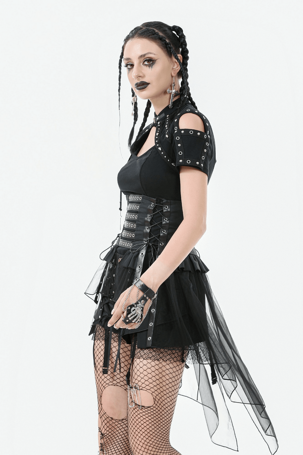 Gothic Lace-Up Corset Belt with Layered Tulle Skirt