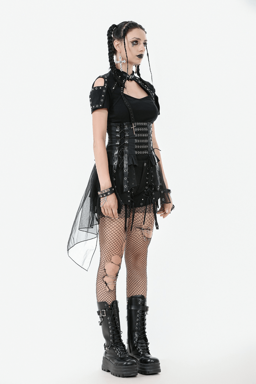 Gothic Lace-Up Corset Belt with Layered Tulle Skirt