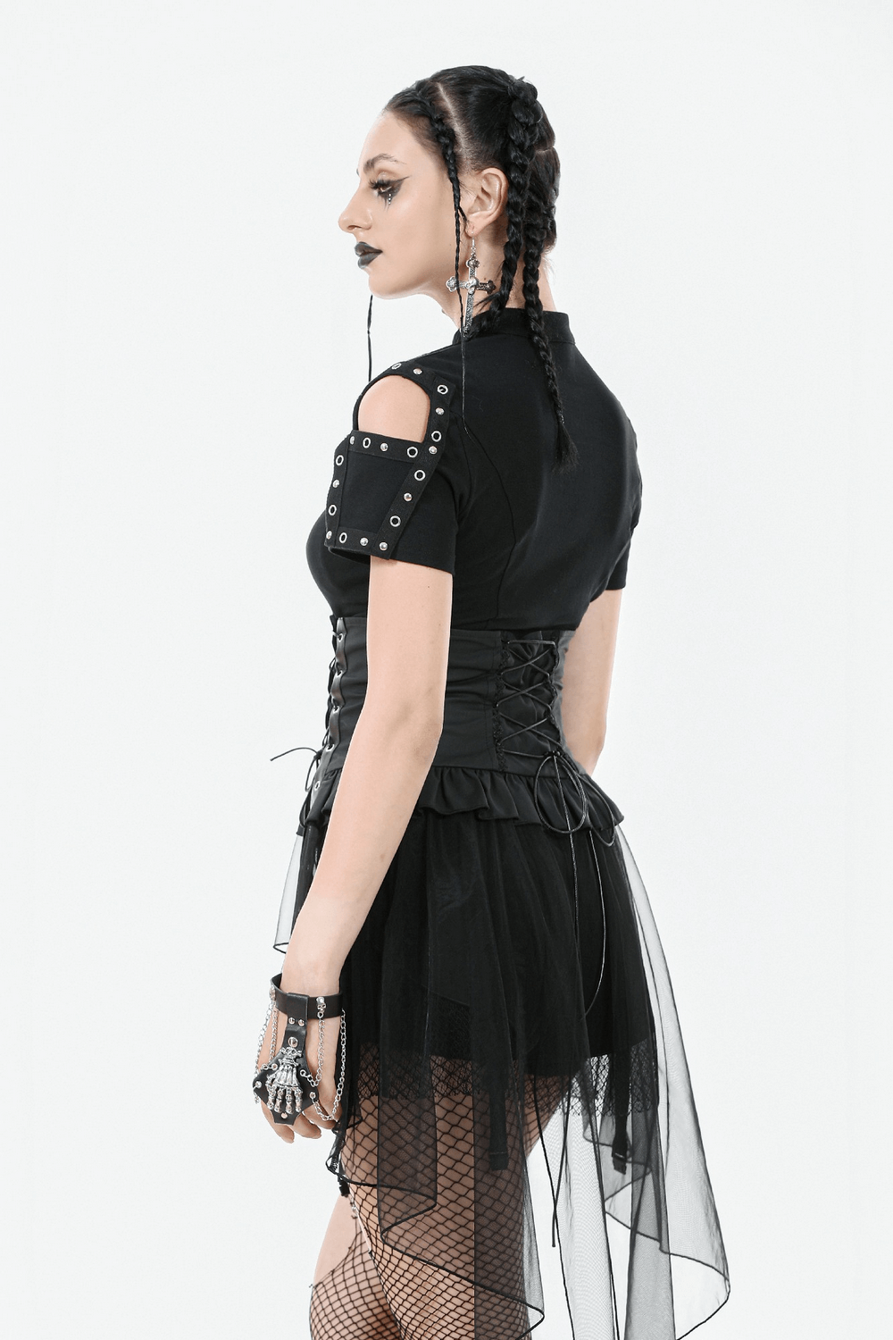 Gothic Lace-Up Corset Belt with Layered Tulle Skirt